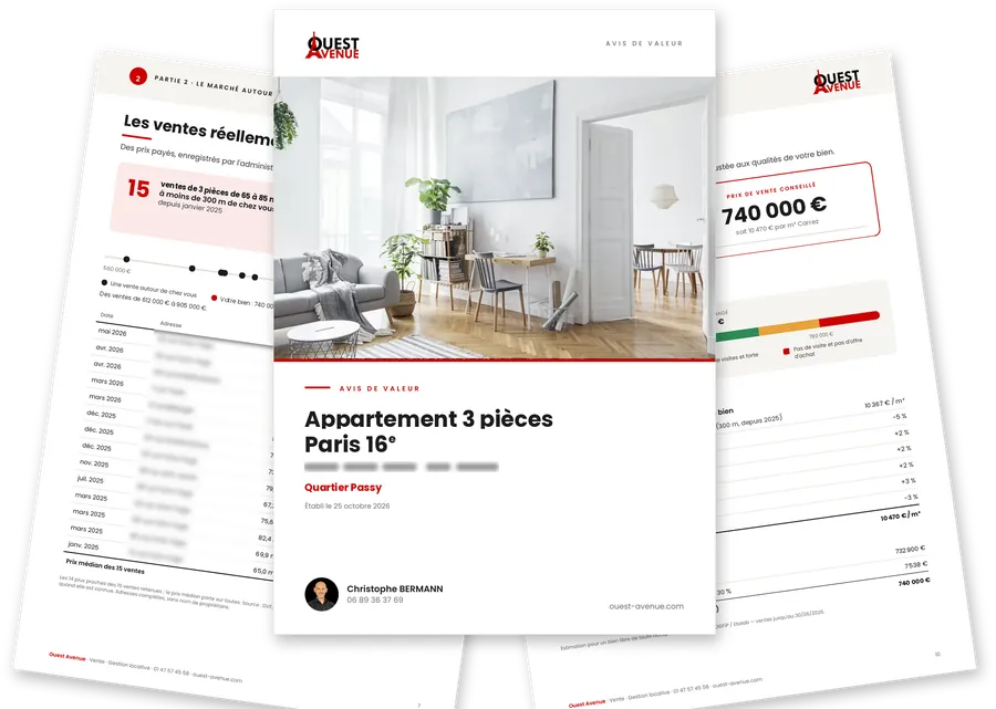 Exemple d'avis de valeur Ouest Avenue : ventes comparables, page de garde et prix conseillé