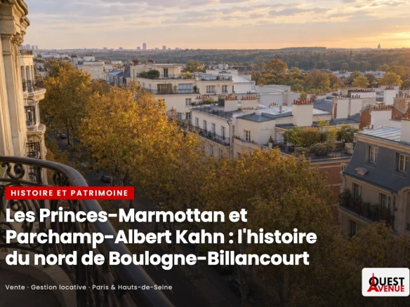 Vue depuis un balcon des années 1930 sur une avenue arborée du nord de Boulogne-Billancourt, illustration de l'article sur les quartiers Les Princes-Marmottan et Parchamp-Albert Kahn