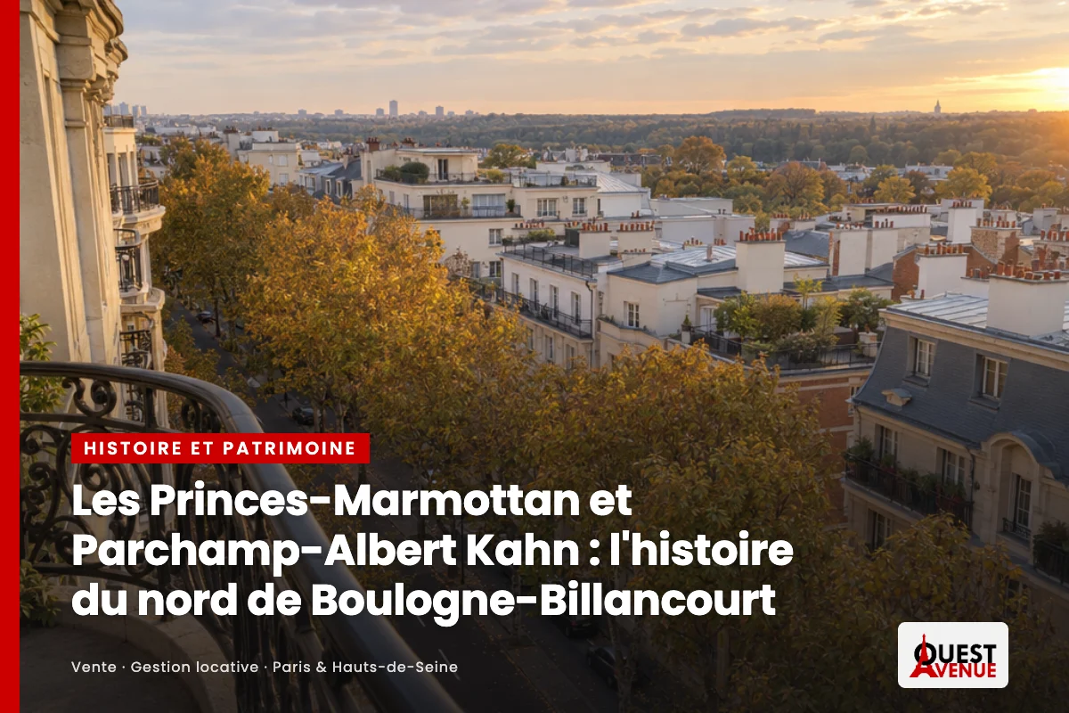 Vue depuis un balcon des années 1930 sur une avenue arborée du nord de Boulogne-Billancourt, illustration de l'article sur les quartiers Les Princes-Marmottan et Parchamp-Albert Kahn
